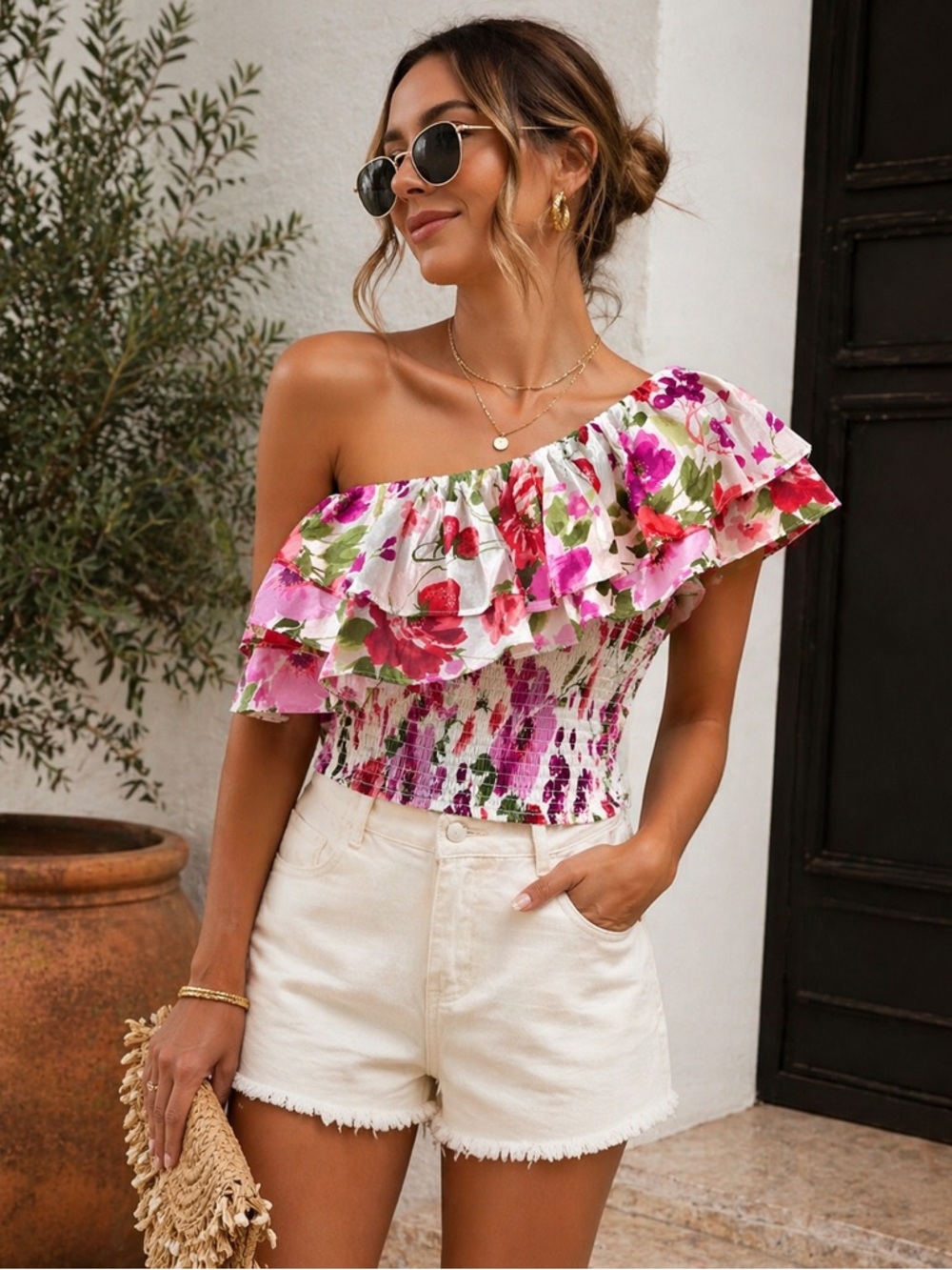Abercrombie & Fitch One Shoulder Smocked Crop Top | Floral Strawberry Print